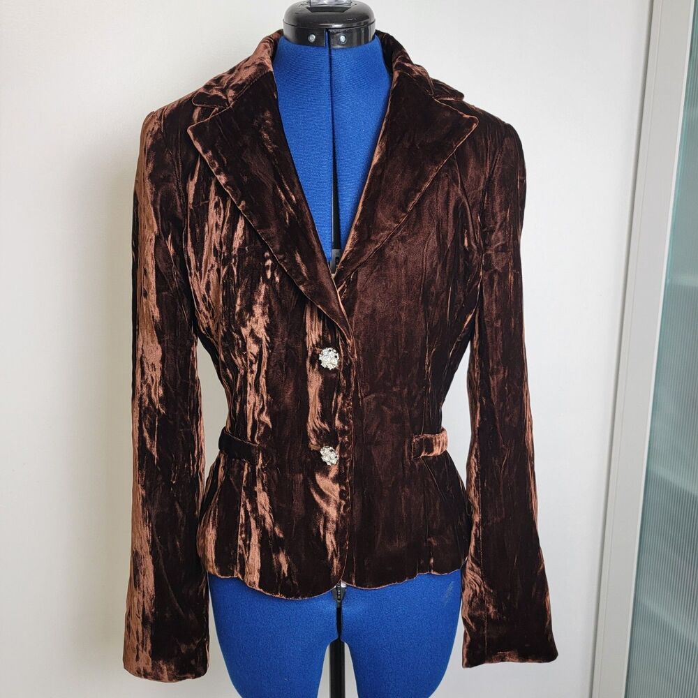 Cache Womens Crushed Velvet Copper Brown Lined Jacket Rhinestone Buttons 4